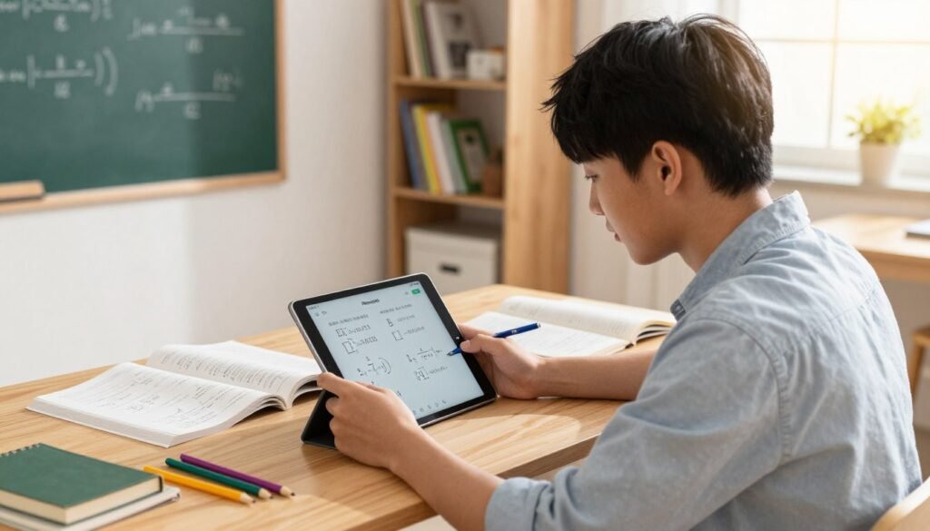 A bright and engaging study scene focused on a high school student using the Photomath app on a tablet. In the foreground, the student, a young person of Asian descent, is sitting at a wooden desk, wearing casual yet tidy clothing, deeply focused on solving math problems on the screen. The middle ground features open math textbooks, a notebook filled with notes, and colorful stationery scattered around. The background showcases a cozy, well-lit study room with a chalkboard filled with mathematical equations, a bookshelf with educational resources, and a window allowing warm sunlight to stream in. The atmosphere is one of concentration and scholarship, highlighting the supportive environment for learning. The lighting is soft and inviting, enhancing the sense of productivity.