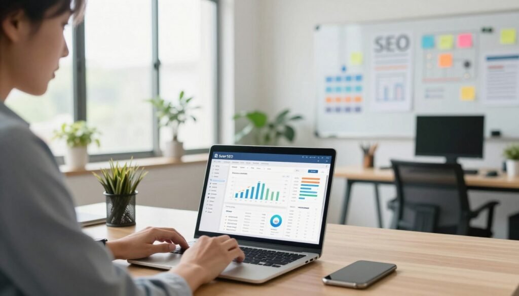 A bright and modern workspace featuring a professional individual in business attire analyzing data on a laptop, with a large screen displaying graphs and metrics related to SEO optimization. In the foreground, the laptop screen shows the Surfer SEO interface, showcasing keyword strategy tools and visualizations. The middle ground includes a whiteboard filled with SEO strategies and planning notes, giving a creative vibe. The background features large windows with natural light flooding the room, plants providing a touch of greenery, and a stylish desk setup. The mood is focused and productive, captured with a soft focus on the background to emphasize the central activities. The lighting is bright and inviting, highlighting the workspace's dynamic energy.