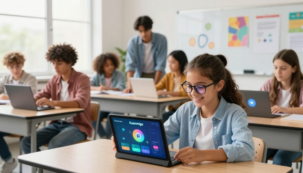A bright, modern classroom scene featuring a diverse group of students, both male and female, engaged in learning with Khanmigo, an AI-powered learning assistant displayed on tablets and smartboards. In the foreground, a cheerful girl with glasses is interacting with Khanmigo, her tablet glowing with colorful graphics. The middle layer includes classmates collaborating around her, discussing and sharing ideas, all dressed in smart casual clothing. The background showcases whiteboards filled with educational visuals and vibrant posters, illuminated by warm natural light streaming through large windows. The atmosphere is lively and encouraging, emphasizing teamwork, innovation, and the excitement of learning with technology.