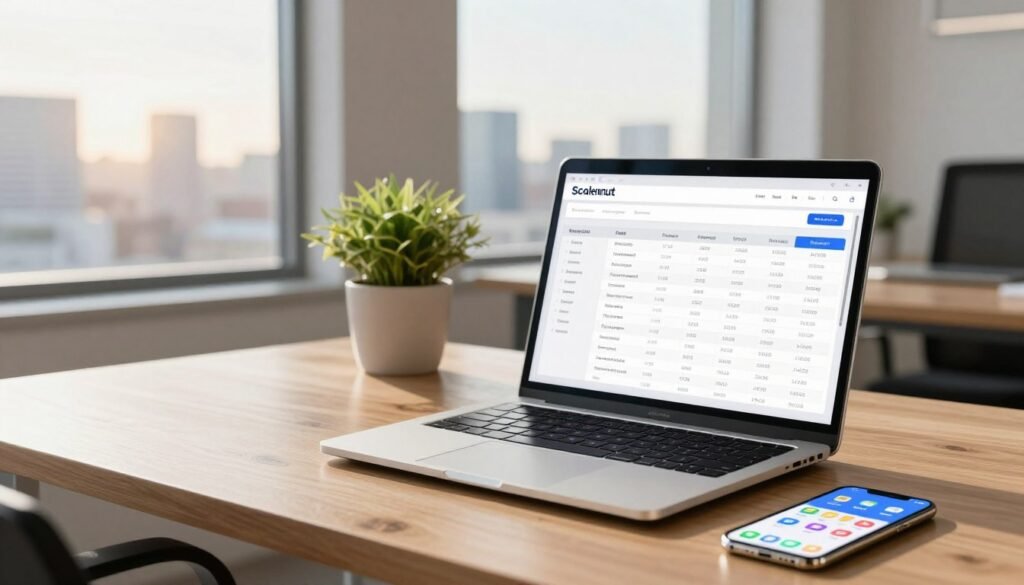 A clean, modern office workspace featuring a sleek wooden desk with a laptop displaying a detailed pricing chart of Scalenut on the screen. In the foreground, a smartphone rests beside the laptop, showing colorful app icons related to pricing analytics. The middle ground focuses on a stylish low plant, adding a touch of nature, while behind the desk, a large window streams natural light into the room, brightening the space. Outside the window, a city skyline glistens in the afternoon sun, enhancing the professional atmosphere. The image conveys clarity and organization, with soft, warm lighting to evoke a positive, inviting mood. No people are present, ensuring a focus on the subject matter. A clean, modern office workspace featuring a sleek wooden desk with a laptop displaying a detailed pricing chart of Scalenut on the screen. In the foreground, a smartphone rests beside the laptop, showing colorful app icons related to pricing analytics. The middle ground focuses on a stylish low plant, adding a touch of nature, while behind the desk, a large window streams natural light into the room, brightening the space. Outside the window, a city skyline glistens in the afternoon sun, enhancing the professional atmosphere. The image conveys clarity and organization, with soft, warm lighting to evoke a positive, inviting mood. No people are present, ensuring a focus on the subject matter.