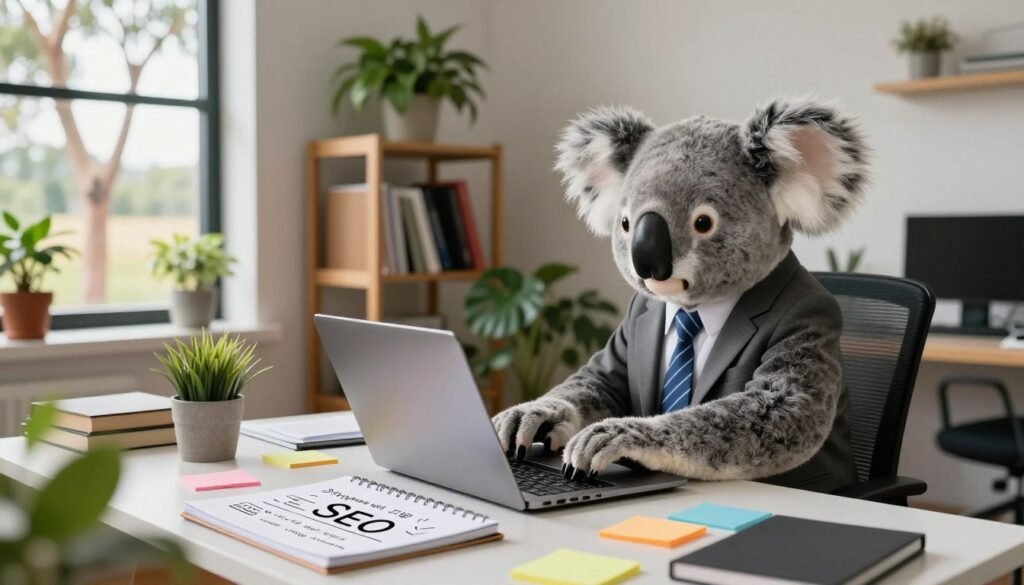 A cozy and creative office space features an adorable koala dressed in a smart, professional outfit sitting at a sleek desk, intently typing on a laptop. The foreground includes a notepad filled with SEO strategies and colorful sticky notes scattered around. In the middle, there's a well-lit workspace adorned with green plants, a small bookshelf filled with marketing books, and a window that allows natural light to stream in. The background showcases a calming view of an Australian landscape with eucalyptus trees. The atmosphere is vibrant yet focused, capturing the essence of innovation and productivity in the realm of SEO. Soft ambient lighting enhances the cozy feel, with a warm color palette to convey a sense of creativity and professionalism.