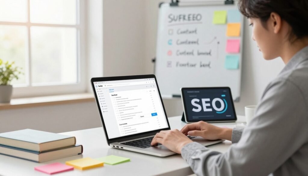 A creative workspace designed for blog writing using Surfer SEO, featuring a modern desk with a laptop displaying the Surfer SEO interface. In the foreground, a focused individual in professional business attire types intently, surrounded by colorful sticky notes and books on SEO strategies. In the middle ground, a whiteboard filled with key points and strategies related to content writing, alongside a digital tablet showing keyword analytics. The background reveals a bright window with natural light streaming in, casting a warm glow on the scene. The atmosphere is inspiring and productive, emphasizing a blend of technology and creativity, capturing the essence of effective content creation.