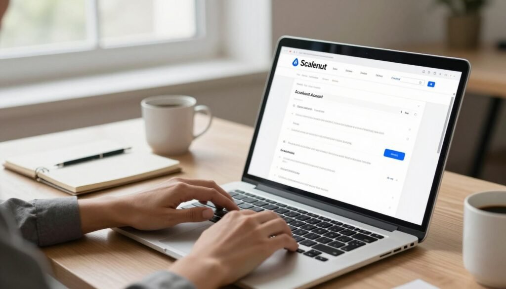 A detailed and inviting workspace scene focused on the process of setting up a Scalenut account. In the foreground, a laptop with the Scalenut website is open, displaying an account creation form filled with sample data. A pair of hands, dressed in smart casual attire, are typing on the keyboard. In the middle, a stylish desk with a notepad and a coffee mug is visible, enhancing the professional atmosphere. The background features soft, natural lighting coming through a window, illuminating the space and casting gentle shadows. The mood is calm and focused, reflecting a productive environment for aspiring users eager to engage with the software. A detailed and inviting workspace scene focused on the process of setting up a Scalenut account. In the foreground, a laptop with the Scalenut website is open, displaying an account creation form filled with sample data. A pair of hands, dressed in smart casual attire, are typing on the keyboard. In the middle, a stylish desk with a notepad and a coffee mug is visible, enhancing the professional atmosphere. The background features soft, natural lighting coming through a window, illuminating the space and casting gentle shadows. The mood is calm and focused, reflecting a productive environment for aspiring users eager to engage with the software.