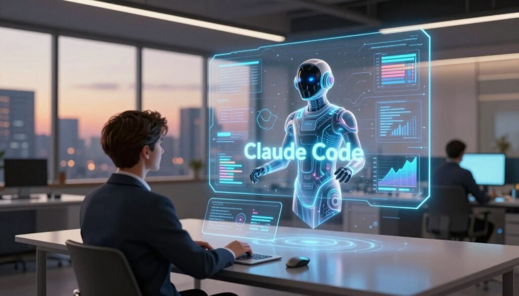 A detailed illustration of "Claude Code," depicted as a futuristic digital assistant in a sleek, high-tech interface, elegantly floating in a modern workspace. In the foreground, a professional with short dark hair is analyzing data on a transparent screen, dressed in a sharp business suit, reflecting a sense of focus and collaboration. The middle ground features a glowing holographic display of Claude Code, with vibrant data visualization elements like charts and graphs emerging around it, suggesting advanced analytics capabilities. The background is a softly lit office with large windows showcasing a cityscape at dusk, creating a warm yet sophisticated ambiance. Soft, ambient lighting highlights the futuristic elements, while a wide-angle lens perspective conveys the openness of the workspace, emphasizing innovation and connectivity. The overall mood is one of advanced technology, emphasizing productivity and professionalism.