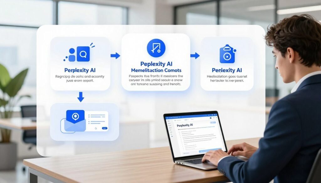 A detailed illustration showcasing a step-by-step guide on how to use Perplexity AI. In the foreground, depict a professional individual, dressed in smart casual clothing, interacting with a sleek laptop displaying the Perplexity AI interface. The middle layer features a large, stylized infographic highlighting key features and steps, creatively organized with arrows and icons. In the background, a modern office environment is visible, filled with soft, natural lighting from large windows and potted plants for a fresh atmosphere. The composition should convey a sense of clarity and organization, allowing viewers to feel empowered and informed about using Perplexity AI effectively. Focus on a balanced color palette of blues and whites to suggest professionalism and innovation.