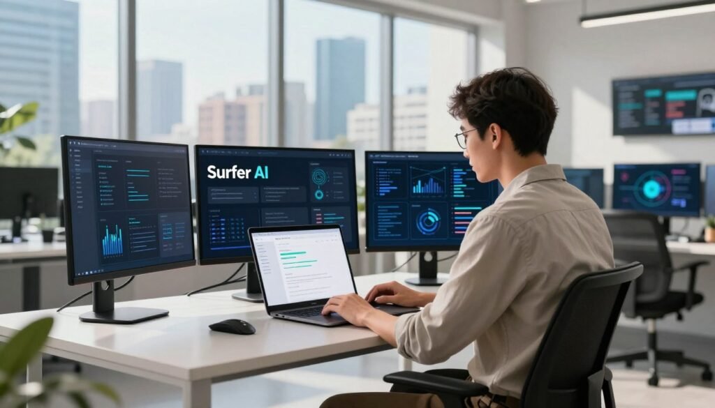 A digital artwork of a modern workspace illustrating the concept of "Surfer AI." In the foreground, a professional individual in casual attire sits at a sleek desk, focused on their laptop screen displaying Surfer AI's interface. The middle ground features a stylish, high-tech room filled with SEO-related charts and AI-enhanced graphics on screens surrounding the main subject. In the background, large windows reveal a vibrant cityscape under bright daylight, creating an inspiring atmosphere. The lighting is bright and airy, with soft natural light streaming in, enhancing the feeling of productivity and innovation. The image should evoke a sense of modernity and excitement about the capabilities of AI in enhancing SEO strategies.