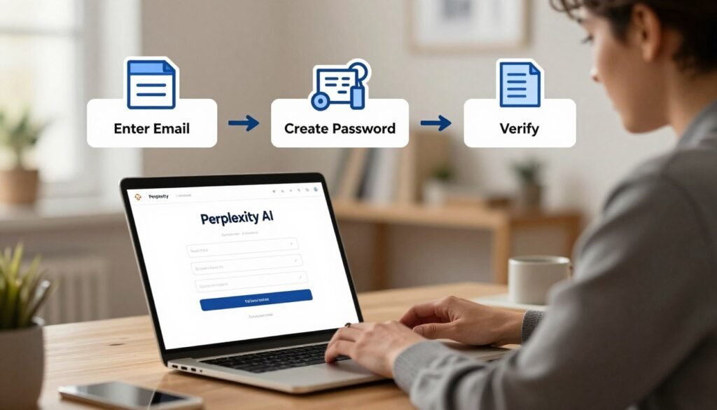 A digital illustration depicting the process of creating a Perplexity AI account. In the foreground, a well-organized desk featuring a laptop displaying the Perplexity AI sign-up page, complete with visible fields for entering an email and password. Include a person in professional business attire, focused on the screen, symbolizing a beginner navigating the interface. In the middle layer, illustrations of steps in creating an account, like "Enter Email," "Create Password," and "Verify," represented visually with arrows or icons for clarity. The background can show a softly blurred home office environment, with warm, inviting lighting to convey a productive atmosphere. Aim for a modern, tech-savvy vibe, with a slight focus on user-friendliness.