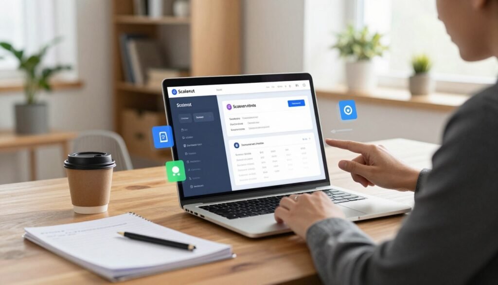 A digital workspace scene showcasing a modern, sleek laptop open to the Scalenut interface on a polished wooden desk. In the foreground, a person dressed in professional business attire is thoughtfully analyzing the display, with notes and a coffee cup beside them. In the middle, vibrant icons and data visualizations emerge from the screen, highlighting Scalenut's features interactively. The background features a well-lit home office with plants and bookshelves, creating a warm and inviting atmosphere. Bright yet soft natural lighting streaming through a nearby window enhances the ambiance, suggesting productivity and focus. The overall mood conveys professionalism, curiosity, and a hint of innovation, inviting viewers to consider the value of Scalenut in their work. A digital workspace scene showcasing a modern, sleek laptop open to the Scalenut interface on a polished wooden desk. In the foreground, a person dressed in professional business attire is thoughtfully analyzing the display, with notes and a coffee cup beside them. In the middle, vibrant icons and data visualizations emerge from the screen, highlighting Scalenut's features interactively. The background features a well-lit home office with plants and bookshelves, creating a warm and inviting atmosphere. Bright yet soft natural lighting streaming through a nearby window enhances the ambiance, suggesting productivity and focus. The overall mood conveys professionalism, curiosity, and a hint of innovation, inviting viewers to consider the value of Scalenut in their work.