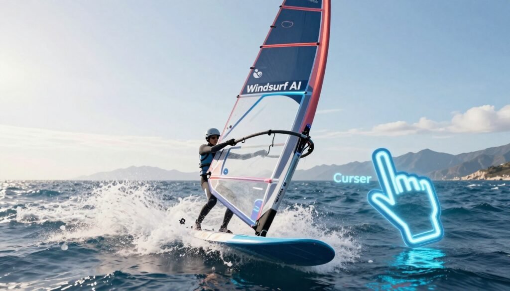 A dramatic scene showcasing a futuristic windsurfing competition between two entities: a sleek, high-tech windsurf board representing "Windsurf AI" and a digital cursor symbolizing "Cursor" poised on the water's surface. In the foreground, the windsurf board is vibrant, with glowing elements indicating advanced technology, while the cursor is stylized in neon colors, hovering just above the waves, with a sense of motion. In the middle ground, add dynamic waves splashing around them, with a clear, sunny sky overhead, creating a lively atmosphere. The background features distant mountains and a bright horizon, enhancing the sense of depth. Utilize soft, natural lighting to emphasize the modernity and innovation of both subjects, capturing an exciting and competitive mood. A dramatic scene showcasing a futuristic windsurfing competition between two entities: a sleek, high-tech windsurf board representing "Windsurf AI" and a digital cursor symbolizing "Cursor" poised on the water's surface. In the foreground, the windsurf board is vibrant, with glowing elements indicating advanced technology, while the cursor is stylized in neon colors, hovering just above the waves, with a sense of motion. In the middle ground, add dynamic waves splashing around them, with a clear, sunny sky overhead, creating a lively atmosphere. The background features distant mountains and a bright horizon, enhancing the sense of depth. Utilize soft, natural lighting to emphasize the modernity and innovation of both subjects, capturing an exciting and competitive mood.