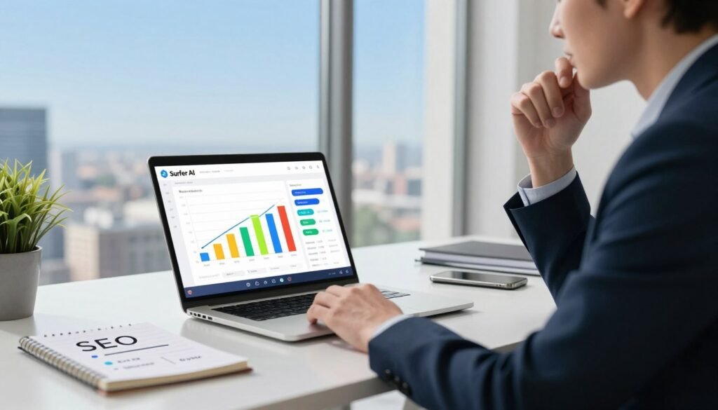 A dynamic and modern office setting featuring a sleek desk with a laptop displaying an animated pricing chart for Surfer AI, highlighted in bright colors. In the foreground, a professional business person dressed in smart attire is analyzing the pricing data, showcasing a thoughtful expression. The middle ground captures elements like a notepad with SEO notes, a smartphone, and a potted plant to add a touch of greenery. The background includes a large window with a cityscape view under a clear blue sky, allowing natural light to illuminate the scene. The overall mood is focused and forward-thinking, emphasizing the innovative nature of Surfer AI's offerings. The angle favors a slight tilt to give perspective and depth to the workspace.