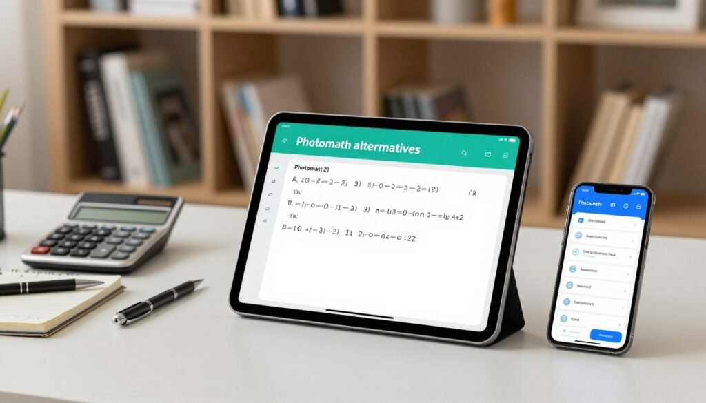 A dynamic digital workspace scene illustrating "Photomath alternatives" on a clean, modern desk. In the foreground, a tablet displays a numerical equation solution interface, surrounded by a smartphone showing various math-solving apps configurable for educational use. In the middle ground, tools like a calculator, notebook, and pen are artistically arranged, hinting at study and problem-solving. The background features a softly blurred bookshelf filled with math and technology books, under soft, warm lighting creating an inviting and focused atmosphere. A shallow depth of field emphasizes the tablet and smartphone, giving a tech-savvy and educational mood. Overall, the image depicts innovation and accessibility in mathematics, inviting viewers to explore alternative tools for learning.