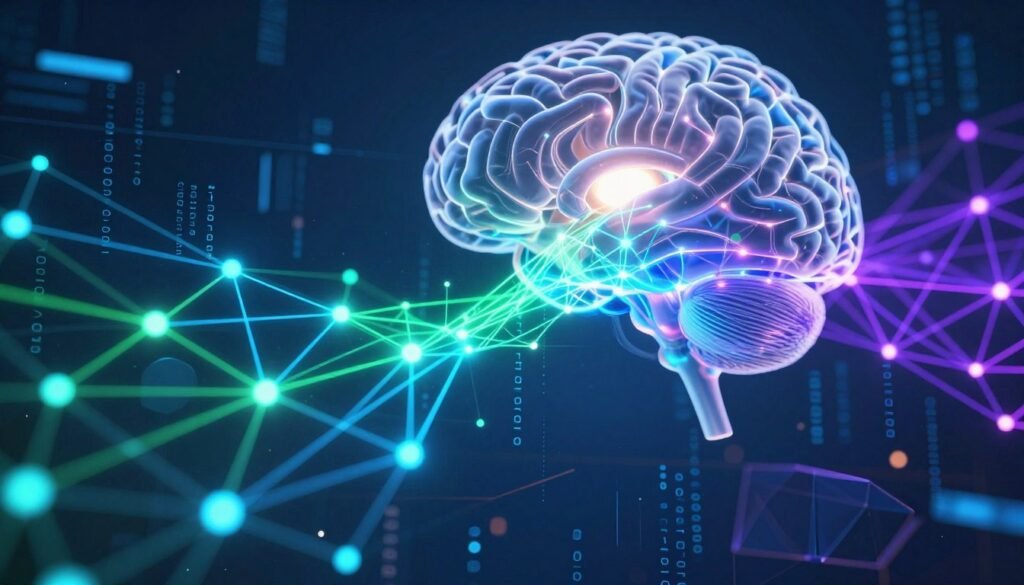 A dynamic, futuristic neural network visualization that showcases complex, interconnected nodes and pathways. In the foreground, glowing neural connections pulsate with vivid colors—electric blues, radiant greens, and deep purples—symbolizing the flow of data. The middle layer features a semi-transparent 3D brain structure to represent artificial intelligence, with light emanating from its core. The background is a sleek, digital landscape infused with binary code and abstract geometric shapes, creating a sense of depth and movement. Soft, ambient lighting enhances the atmosphere, suggesting advanced technology and creativity. Capture this scene from a slightly elevated angle, emphasizing the intricate details of the neural connections and the brain structure, while maintaining a clean and professional aesthetic.