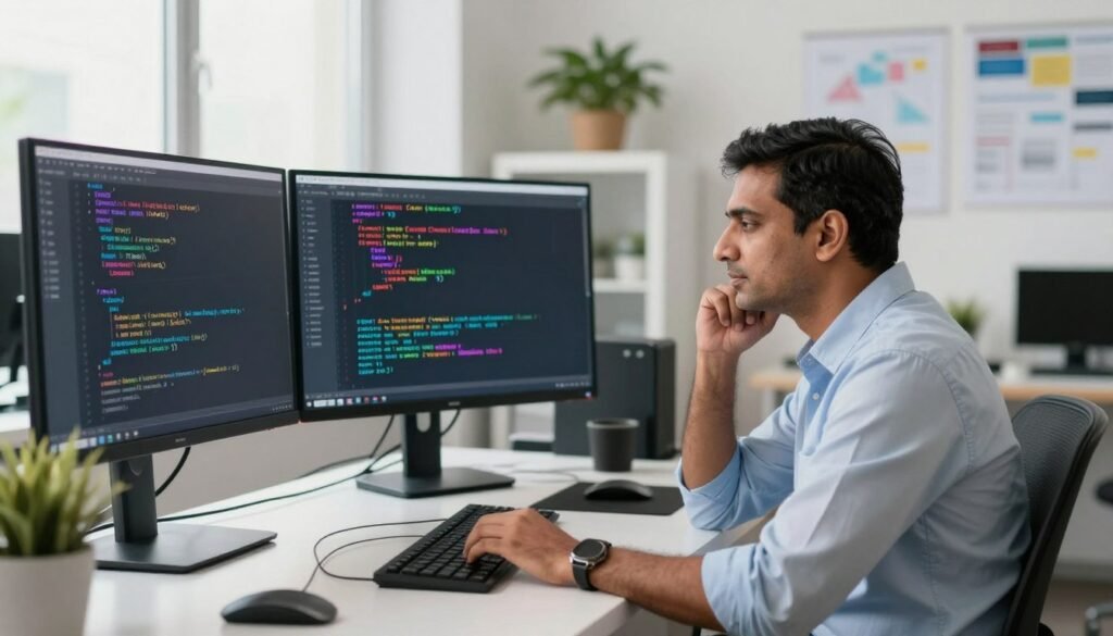 A focused engineer troubleshooting Claude Code sits at a sleek, modern desk cluttered with monitors displaying code snippets and error messages. The foreground features the engineer, a middle-aged South Asian man in a smart casual shirt, deeply engaged in solving issues, with a thoughtful expression. In the middle ground, a large screen shows a detailed interface of the Claude Code environment, highlighting various common error messages with vivid colors. Bright, soft lighting illuminates the workspace, creating a tech-savvy atmosphere. In the background, a minimalist office setting with potted plants and charts on the wall enhances the professional tone. The overall scene conveys concentration and determination, capturing the essence of problem-solving in a digital landscape.