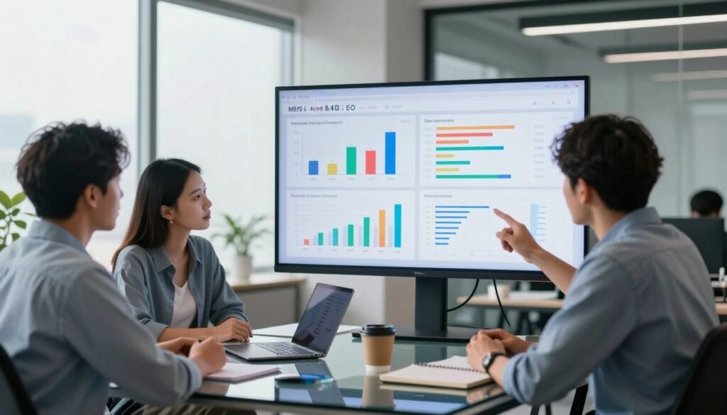 A focused scene depicting a modern, sleek office setting where digital marketing analysis takes place. In the foreground, a diverse group of three professionals—two men and one woman—are intently discussing data displayed on a large digital screen in front of them. The screen shows various colorful graphs, charts, and keywords related to SEO strategies, specifically illustrating Ahrefs keyword research tools. In the middle ground, a glass table with a laptop, notebooks, and coffee cups is visible. The background features a large window with soft natural light illuminating the room, enhancing a productive and collaborative atmosphere. The professionals are dressed in smart casual attire, exuding focus and expertise while brainstorming about online marketing strategies. The image captures the energy of a modern workspace with a contemporary aesthetic. A focused scene depicting a modern, sleek office setting where digital marketing analysis takes place. In the foreground, a diverse group of three professionals—two men and one woman—are intently discussing data displayed on a large digital screen in front of them. The screen shows various colorful graphs, charts, and keywords related to SEO strategies, specifically illustrating Ahrefs keyword research tools. In the middle ground, a glass table with a laptop, notebooks, and coffee cups is visible. The background features a large window with soft natural light illuminating the room, enhancing a productive and collaborative atmosphere. The professionals are dressed in smart casual attire, exuding focus and expertise while brainstorming about online marketing strategies. The image captures the energy of a modern workspace with a contemporary aesthetic.