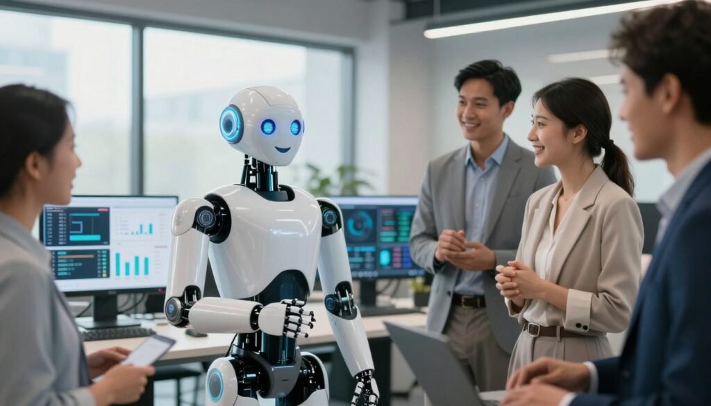 A friendly AI companion, a sleek, humanoid robot, stands in a modern office environment. The robot has expressive LED eyes and an inviting smile, conveying warmth and approachability. In the foreground, it is interacting with a diverse, professional group of people, clad in modest, business attire, who are collaborating and smiling as they engage with the technology. The middle ground displays a variety of tech gadgets and screens displaying graphs and data, illustrating their innovative projects. The background features large windows with natural light flooding the space, giving a vibrant and optimistic atmosphere. Soft, ambient lighting enhances the sense of creativity and teamwork, while a shallow depth of field focuses on the human-robot interaction. A friendly AI companion, a sleek, humanoid robot, stands in a modern office environment. The robot has expressive LED eyes and an inviting smile, conveying warmth and approachability. In the foreground, it is interacting with a diverse, professional group of people, clad in modest, business attire, who are collaborating and smiling as they engage with the technology. The middle ground displays a variety of tech gadgets and screens displaying graphs and data, illustrating their innovative projects. The background features large windows with natural light flooding the space, giving a vibrant and optimistic atmosphere. Soft, ambient lighting enhances the sense of creativity and teamwork, while a shallow depth of field focuses on the human-robot interaction.