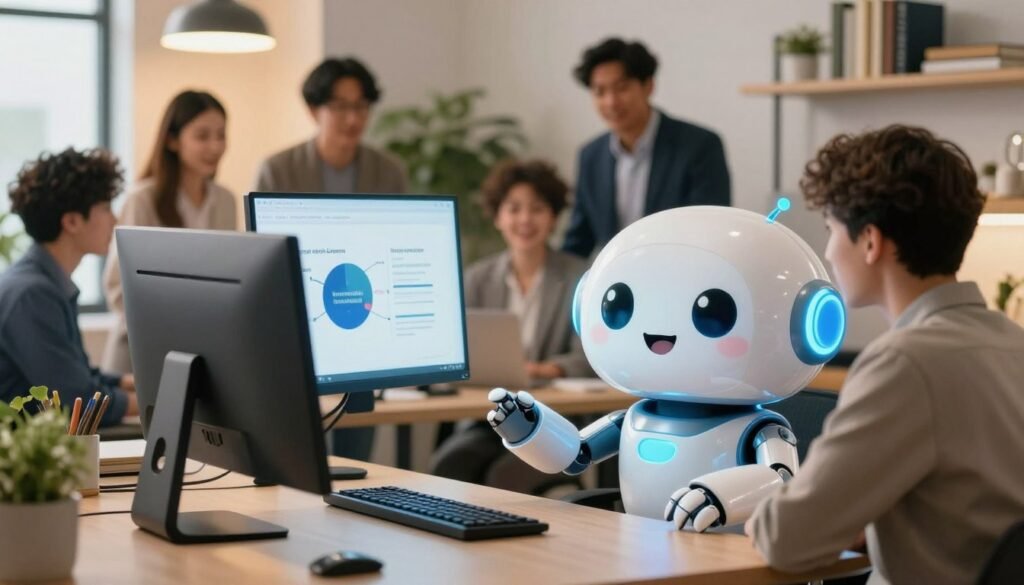 A friendly chatbot designed with a cute, approachable smile, sitting at a stylish desk with a glowing computer screen displaying community resources. In the foreground, the chatbot has cartoonish features, big expressive eyes, and a sleek metallic body with soft curves. The middle ground features a diverse group of people, dressed in professional attire, gathered around the desk, actively engaging with the chatbot, showcasing a dynamic interaction. The background includes a cozy, modern office environment with warm lighting, houseplants, and shelves filled with books on technology and community building. The mood is inviting and collaborative, illustrating the supportive role of AI in fostering community connections. A friendly chatbot designed with a cute, approachable smile, sitting at a stylish desk with a glowing computer screen displaying community resources. In the foreground, the chatbot has cartoonish features, big expressive eyes, and a sleek metallic body with soft curves. The middle ground features a diverse group of people, dressed in professional attire, gathered around the desk, actively engaging with the chatbot, showcasing a dynamic interaction. The background includes a cozy, modern office environment with warm lighting, houseplants, and shelves filled with books on technology and community building. The mood is inviting and collaborative, illustrating the supportive role of AI in fostering community connections.