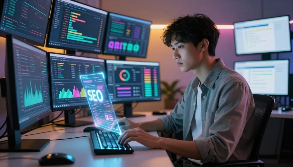 A futuristic AI SEO writer seated at a sleek, modern workstation, surrounded by digital screens displaying colorful graphs, keywords, and analytics. The writer, depicted as a young professional in smart casual attire, focuses intently on a holographic interface that dynamically visualizes SEO metrics. In the foreground, a glowing keyboard illuminates the scene, reflecting innovation and technology. The middle background shows a wall of digital monitors, some showing text generation in progress, while others highlight website performance statistics. The atmosphere is vibrant yet professional, with a warm glow from LED lights and a slight lens flare, conveying a sense of cutting-edge creativity and efficiency in the world of digital marketing. A futuristic AI SEO writer seated at a sleek, modern workstation, surrounded by digital screens displaying colorful graphs, keywords, and analytics. The writer, depicted as a young professional in smart casual attire, focuses intently on a holographic interface that dynamically visualizes SEO metrics. In the foreground, a glowing keyboard illuminates the scene, reflecting innovation and technology. The middle background shows a wall of digital monitors, some showing text generation in progress, while others highlight website performance statistics. The atmosphere is vibrant yet professional, with a warm glow from LED lights and a slight lens flare, conveying a sense of cutting-edge creativity and efficiency in the world of digital marketing.