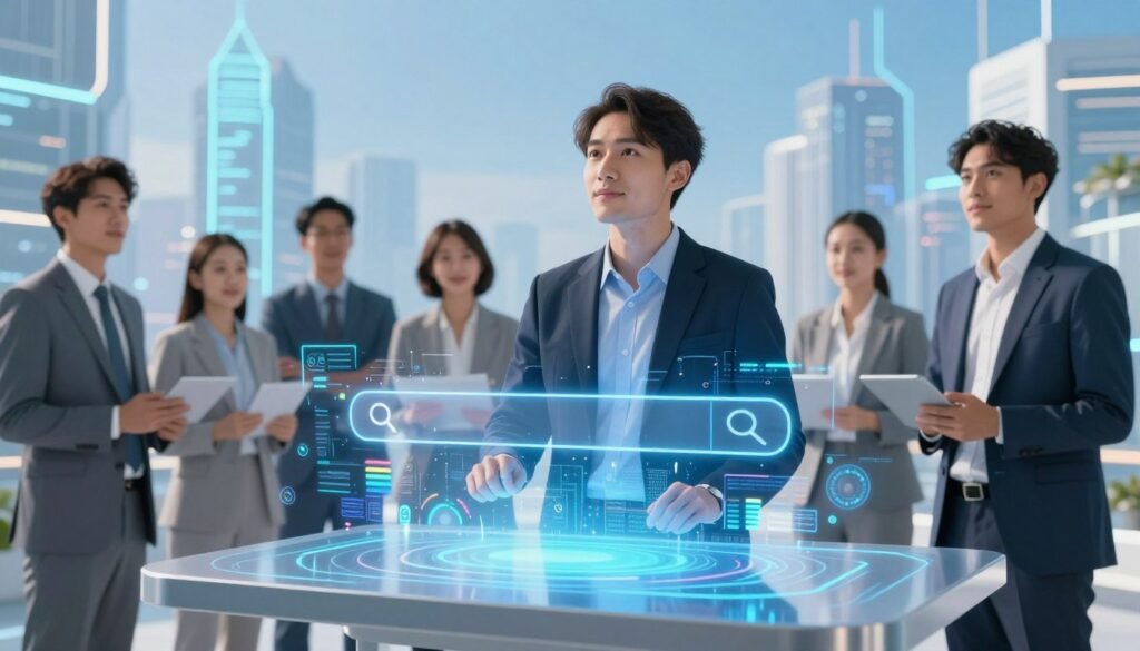 A futuristic digital landscape showcasing the concept of an advanced AI search engine. In the foreground, a sleek, modern interface on a holographic display, featuring a dynamic search bar with vibrant data visuals and analytics popping up. The middle ground has a diverse group of professional individuals, dressed in business attire, engaging with the AI interface, their expressions reflecting curiosity and excitement. The background features an abstract cityscape with glowing skyscrapers, symbolizing technological advancement, under a bright, clear blue sky. The lighting is bright and inviting, creating a high-tech atmosphere. The overall mood is innovative and optimistic, emphasizing the transformative power of AI in information searching, with a focus on collaboration and discovery.