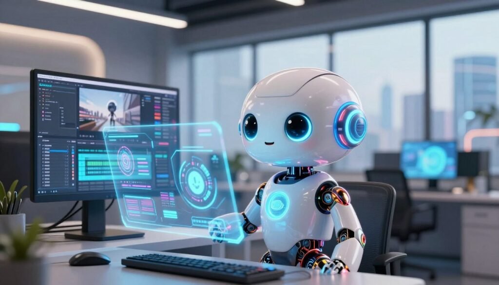 A futuristic digital workspace featuring a sleek, anthropomorphic AI character named "Pika AI." In the foreground, Pika AI has an endearing design with large, expressive eyes and an illuminated interface displaying various graphics and data. Its body is composed of smooth, metallic surfaces with vibrant colors highlighting its features. The middle layer showcases a modern office environment with holographic screens displaying video editing tools and AI features. In the background, large windows reveal a cityscape with advanced technology. Soft, ambient lighting enhances a professional atmosphere, while the use of a shallow depth of field focuses on Pika AI, creating a sense of innovation and excitement. The overall mood should be inspiring and forward-thinking, embodying the essence of cutting-edge technology without any texts or distractions.