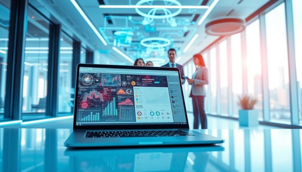 A futuristic digital workspace illustrating natural language processing and machine learning as part of Google Flow AI. In the foreground, a sleek, modern laptop displays a vibrant, complex interface with AI-driven charts and graphs. In the middle ground, diverse professionals in business attire collaborate over AI-generated visualizations and data insights. The background features a high-tech office environment with holographic displays and large windows showcasing a vibrant cityscape. Soft, cool lighting enhances the tech-focused atmosphere, with a slight blue tint reflecting innovation. Use a wide-angle lens to capture depth, and emphasize a clean, organized layout to convey the concept of intelligent design in AI technology. The overall mood is dynamic and inspiring, reflecting a bright future in AI development.