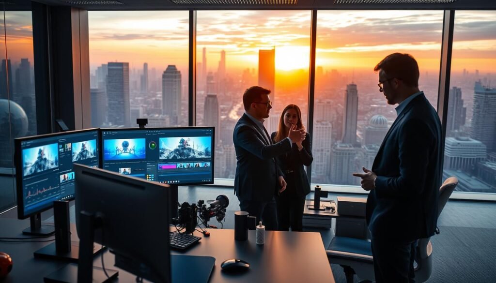 A futuristic digital workspace illustrating the Luma AI Dream Machine video workflow. In the foreground, a sleek, modern workstation features multiple high-resolution monitors displaying vibrant video editing software applications and AI interfaces. The middle ground includes professional individuals, dressed in smart business attire, collaborating on a project, engaged in discussion while pointing at the screens. The background showcases a vibrant city skyline through large glass windows, bathed in the warm glow of sunset. Soft, ambient lighting enhances the tech-savvy atmosphere, with shadows creating depth and dimension. Shot from a slightly elevated angle to capture the full scope of the workspace, emphasizing innovation and team collaboration in a cutting-edge environment.