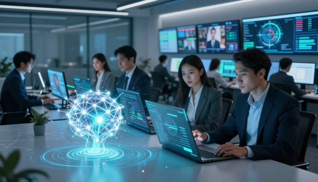 A futuristic digital workspace showcasing deep learning in action. In the foreground, an AI algorithm represented as glowing, interconnected neural networks with pulsing lights. The middle ground features a diverse group of professionals in smart business attire, analyzing video content on holographic displays, with expressions of focus and collaboration. The background reveals a sleek, modern office filled with screens displaying dynamic data visualizations related to video creation and AI technology. Soft blue and green lighting creates a tech-savvy atmosphere, while reflections of the glowing networks cast subtle patterns on the surfaces. The angle captures a wide view of the workspace, emphasizing the synergy between humans and AI in video production.