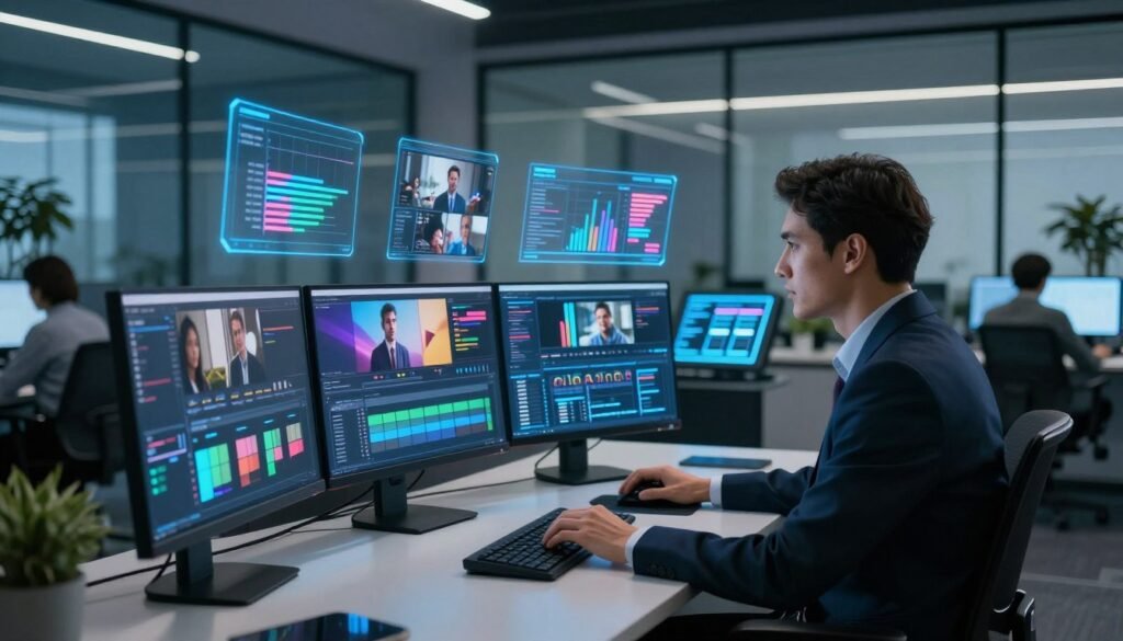 A futuristic digital workspace showcasing intelligent algorithms for video production. In the foreground, a sleek computer desk with multiple monitors displaying colorful graphs and video editing software. A professional in business attire is focused on the screens, surrounded by floating digital elements like animated charts and video clips. In the middle ground, a high-tech editing console with touch screens and holographic interfaces, illuminating the space with a cool blue hue. The background features a modern office with glass walls, plants, and soft ambient lighting, creating a collaborative atmosphere. The mood is innovative and inspiring, suggesting efficiency and creativity in video production. The angle captures a dynamic perspective, emphasizing depth and technological advancement.