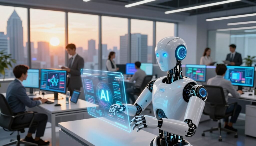 A futuristic office filled with advanced AI technology. In the foreground, a sleek, humanoid robot with glowing blue eyes interacts with a holographic interface displaying AI features. The middle ground showcases diverse professionals, dressed in smart business attire, actively collaborating over digital screens displaying vibrant data visualizations and AI models. In the background, a large window reveals a cityscape with towering skyscrapers and a setting sun casting warm, golden light into the room. The atmosphere is innovative and productive, underscored by soft ambient lighting that enhances the vibrant colors of the technology. Capture the scene in a wide-angle perspective to emphasize the dynamic interaction between humans and AI. A futuristic office filled with advanced AI technology. In the foreground, a sleek, humanoid robot with glowing blue eyes interacts with a holographic interface displaying AI features. The middle ground showcases diverse professionals, dressed in smart business attire, actively collaborating over digital screens displaying vibrant data visualizations and AI models. In the background, a large window reveals a cityscape with towering skyscrapers and a setting sun casting warm, golden light into the room. The atmosphere is innovative and productive, underscored by soft ambient lighting that enhances the vibrant colors of the technology. Capture the scene in a wide-angle perspective to emphasize the dynamic interaction between humans and AI.