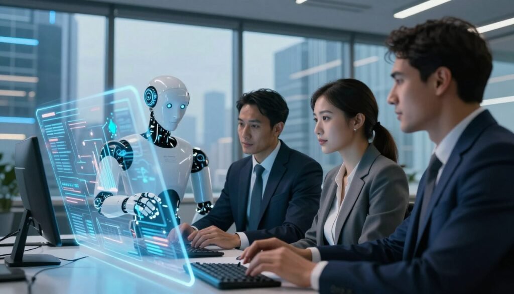 A futuristic office setting illustrating artificial intelligence in action. In the foreground, a sleek, semi-transparent holographic interface displays complex algorithms and dynamic data visualizations. In the middle, an AI robot is interacting with a diverse group of three professionals in business attire, analyzing data together. The background features large windows revealing a cityscape with advanced tech architecture, bathed in soft blue and white lighting that creates a high-tech atmosphere. The image captures an innovative, collaborative mood, with warm ambient lighting highlighting the faces of the professionals while soft shadows add depth. The overall scene is vibrant, engaging, and showcases the transformative potential of technology in the workforce.
