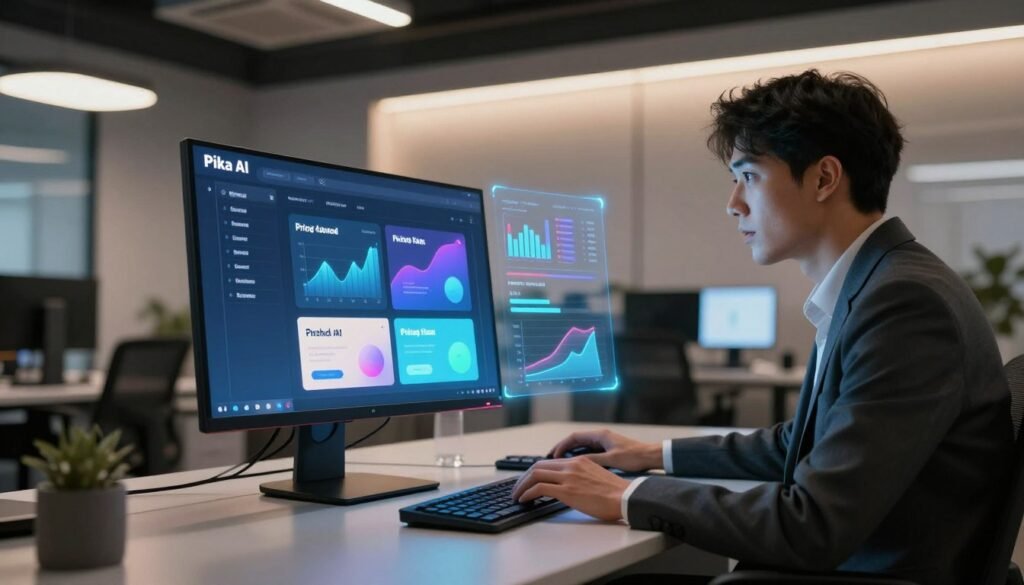 A futuristic office setting showcasing Pika AI advanced technology. In the foreground, a sleek, modern computer workstation with a high-resolution monitor displaying the Pika AI interface featuring vibrant visuals of various pricing plans. A professional individual, dressed in smart casual attire, engages with the technology, their expression focused and intrigued. In the middle ground, a holographic display of dynamic graphs and pricing charts hovers above the desk, illuminated with a soft blue glow. The background features a stylish, open office space with minimalist design elements and innovative lighting fixtures casting a warm ambiance. The overall mood is one of professionalism and cutting-edge innovation, conveying a sense of excitement about the capabilities of Pika AI technology.