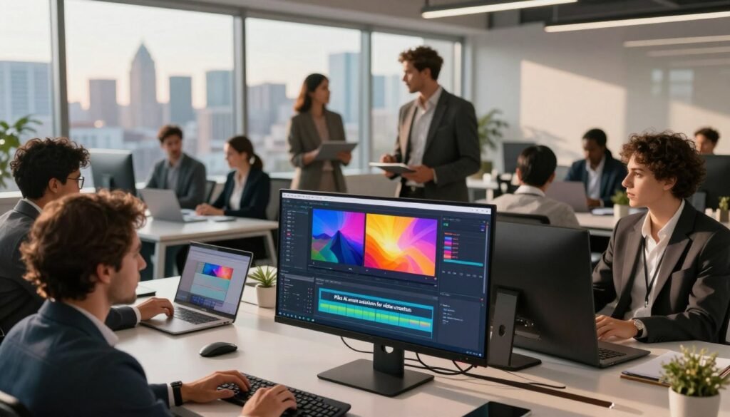 A futuristic office space illustrating "Pika AI smart solutions for video creation." In the foreground, a sleek computer monitor displays a vibrant video editing interface, showcasing colorful video clips and editing tools. In the middle, a diverse team of professionals in smart business attire collaborates around a large table filled with laptops and digital devices, engaged in a brainstorming session. The background features a modern city skyline visible through large windows, drenched in warm, inviting sunlight that casts soft shadows across the room. The atmosphere is dynamic and innovative, emphasizing creativity and technology. Use a wide-angle lens to capture the entire scene, focusing on the interaction between people and their digital devices.