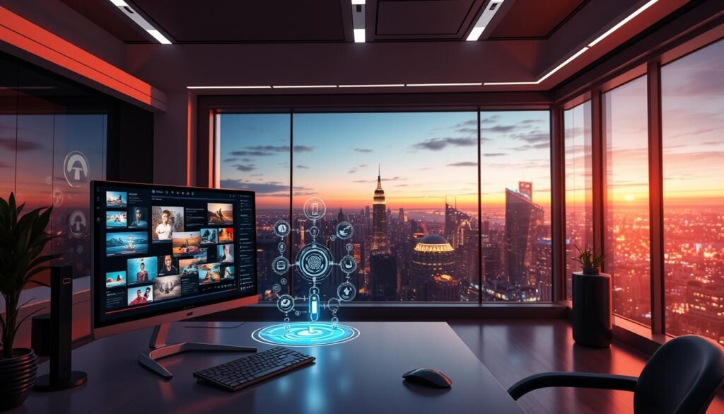 A futuristic scene depicting the "Dream Machine" video generation model in a high-tech workspace. In the foreground, a sleek, modern desktop setup displays vibrant, animated graphics of diverse video content being generated in real-time. The middle ground features a stylized AI interface, complete with holographic elements and digital icons representing creativity and innovation. In the background, a large window reveals a panoramic view of a bustling, futuristic cityscape under a twilight sky, casting soft ambient lighting into the room. The atmosphere is one of inspiration and cutting-edge technology, enhanced by subtle glowing effects and vivid colors. The entire composition focuses on the synergy between humans and advanced AI, all depicted in a professional and elegant manner.