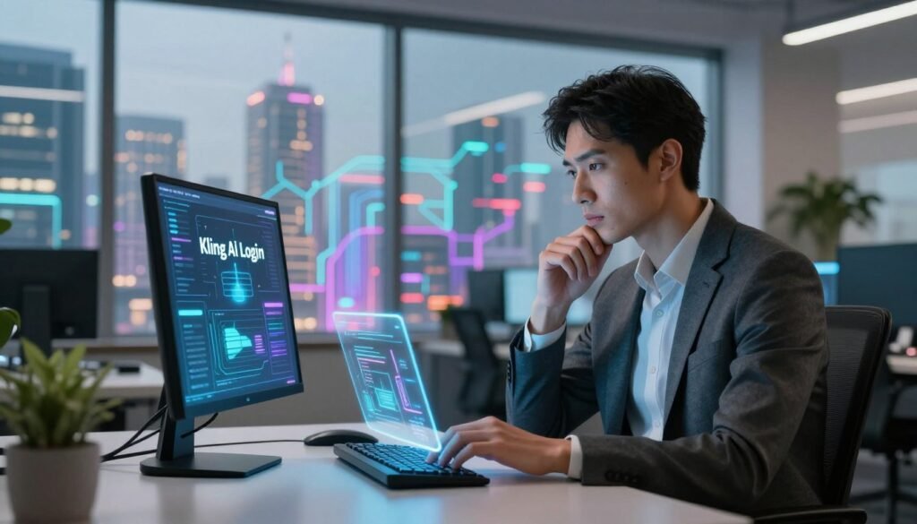 A futuristic, sleek office environment, with a focus on an elegant workspace featuring a high-end computer displaying a glowing interface indicating "Kling AI Login." In the foreground, a professional dressed in smart casual attire is engaged, appearing thoughtful as they interact with the device, fingers poised over a holographic keyboard. The middle ground showcases a large window with panoramic views of a digital cityscape, with vibrant colors representing data flows connecting buildings, symbolizing advanced technology and connectivity. The background features soft lighting, creating a modern and inviting atmosphere, complemented by plants for a touch of nature. The scene is captured with a slight depth of field, emphasizing the individual at the center, surrounded by a serene, inspiring environment that reflects innovation and collaboration in tech.