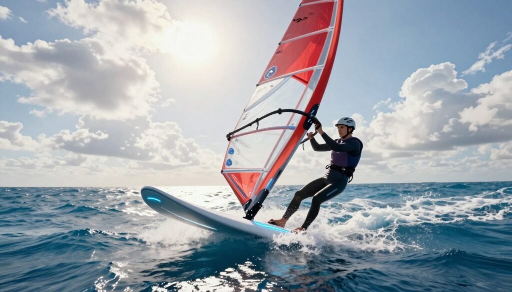 A futuristic windsurfing scene showcasing an innovative windsurfing board powered by artificial intelligence technology. In the foreground, a skilled windsurfer dressed in professional sports attire, gracefully gliding across vibrant blue ocean waves. The middle ground features a sleek AI-powered windsurf board, with glowing elements and high-tech sensors integrated into its design. In the background, a bright sky filled with fluffy white clouds, cascading sunlight creating a dynamic play of light and shadow on the water's surface. Use a wide-angle lens to capture the excitement of the sport and the beauty of the ocean environment. The atmosphere should be energetic yet serene, embodying the blend of technology and nature in this advanced windsurfing experience. A futuristic windsurfing scene showcasing an innovative windsurfing board powered by artificial intelligence technology. In the foreground, a skilled windsurfer dressed in professional sports attire, gracefully gliding across vibrant blue ocean waves. The middle ground features a sleek AI-powered windsurf board, with glowing elements and high-tech sensors integrated into its design. In the background, a bright sky filled with fluffy white clouds, cascading sunlight creating a dynamic play of light and shadow on the water's surface. Use a wide-angle lens to capture the excitement of the sport and the beauty of the ocean environment. The atmosphere should be energetic yet serene, embodying the blend of technology and nature in this advanced windsurfing experience.