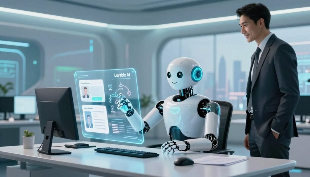 A futuristic workspace depicting "Lovable AI" as a central figure, with a friendly humanoid robot sitting at a sleek, modern desk filled with digital tools. The robot has a warm, inviting expression and is interacting with holographic interfaces showcasing app designs and user features. In the foreground, a professional in business attire stands beside the robot, pointing at a floating screen displaying innovative AI ideas. The middle ground features a bright, tech-inspired environment with soft blue and green lighting, creating a calm atmosphere. The background fades into a high-tech cityscape visible through a large window, symbolizing a future driven by AI. The angle is slightly low, creating a sense of grandeur and optimism about AI technology. A futuristic workspace depicting "Lovable AI" as a central figure, with a friendly humanoid robot sitting at a sleek, modern desk filled with digital tools. The robot has a warm, inviting expression and is interacting with holographic interfaces showcasing app designs and user features. In the foreground, a professional in business attire stands beside the robot, pointing at a floating screen displaying innovative AI ideas. The middle ground features a bright, tech-inspired environment with soft blue and green lighting, creating a calm atmosphere. The background fades into a high-tech cityscape visible through a large window, symbolizing a future driven by AI. The angle is slightly low, creating a sense of grandeur and optimism about AI technology.