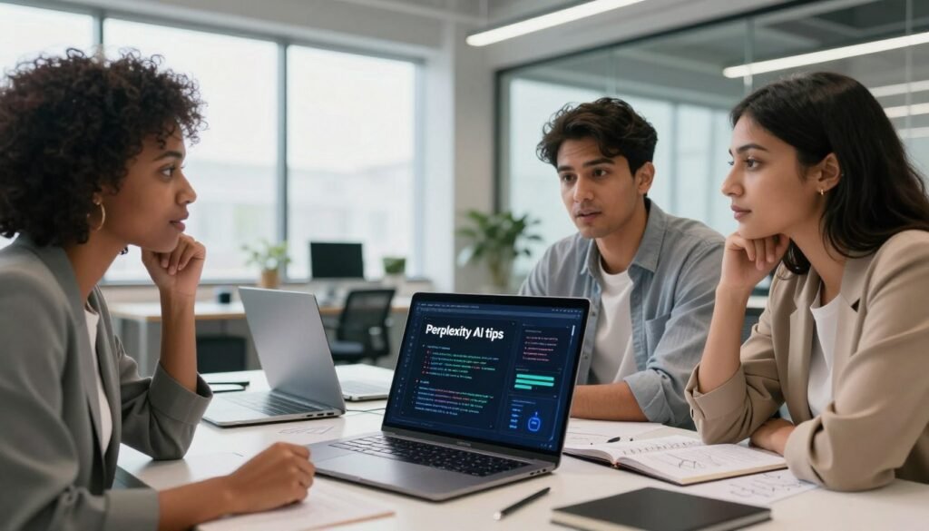 A futuristic workspace featuring a laptop displaying complex AI algorithms on the screen, emphasizing "Perplexity AI tips". In the foreground, a diverse group of three professionals, a Black woman, a Hispanic man, and a South Asian woman, dressed in smart casual attire, are engaged in a collaborative discussion. Their expressions reflect curiosity and focus. The middle ground shows various tech gadgets and notebooks filled with sketches and notes. The background is a modern office with bright, natural light streaming through large windows, creating an inspiring atmosphere. The scene is captured from a low angle to evoke a sense of innovation and teamwork, with a slight depth of field to emphasize the subjects in the foreground.