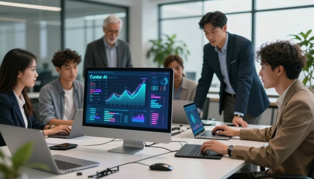A futuristic workspace featuring an AI interface named "Cursor AI" in the foreground, displayed on a sleek, modern computer screen. The screen glows softly with vibrant colors, showcasing graphs, data analysis, and user-friendly features. In the middle ground, a diverse group of professionals—businesspeople of varying ethnicities, including a woman in a smart blazer, a man in a tailored suit, and a young tech enthusiast in smart-casual attire—collaborate around a table filled with digital devices and laptops. The background features a contemporary office environment with glass walls and green plants, softly lit by natural light from large windows. The overall atmosphere is dynamic and innovative, reflecting a collaborative spirit in embracing AI technology for optimized productivity. A futuristic workspace featuring an AI interface named "Cursor AI" in the foreground, displayed on a sleek, modern computer screen. The screen glows softly with vibrant colors, showcasing graphs, data analysis, and user-friendly features. In the middle ground, a diverse group of professionals—businesspeople of varying ethnicities, including a woman in a smart blazer, a man in a tailored suit, and a young tech enthusiast in smart-casual attire—collaborate around a table filled with digital devices and laptops. The background features a contemporary office environment with glass walls and green plants, softly lit by natural light from large windows. The overall atmosphere is dynamic and innovative, reflecting a collaborative spirit in embracing AI technology for optimized productivity.
