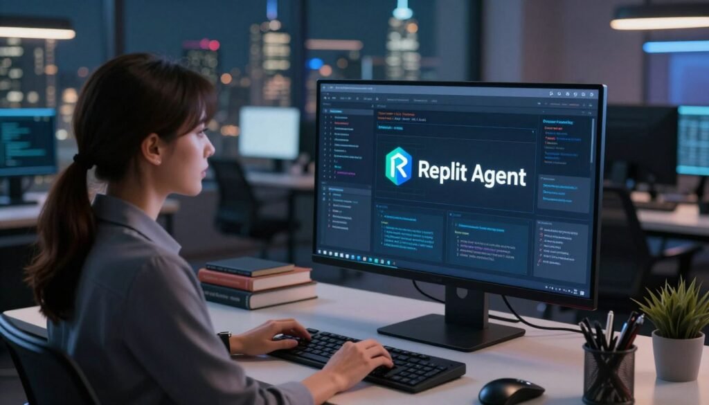 A futuristic workspace featuring the Replit Agent as a digital interface on a sleek computer screen. In the foreground, a professional woman in business casual attire interacts with the interface, her expression focused and engaged. The middle ground showcases a modern tech desk with coding books and gadgets, while soft ambient lighting enhances the atmosphere of innovation. In the background, a vibrant city skyline is visible through a large window, symbolizing connectivity and creativity. The image is captured from a slightly elevated angle to emphasize the workspace and the Replit Agent on the screen, conveying a sense of empowerment and technology integration. The overall mood is inspiring and dynamic, reflecting the cutting-edge nature of the Replit Agent. A futuristic workspace featuring the Replit Agent as a digital interface on a sleek computer screen. In the foreground, a professional woman in business casual attire interacts with the interface, her expression focused and engaged. The middle ground showcases a modern tech desk with coding books and gadgets, while soft ambient lighting enhances the atmosphere of innovation. In the background, a vibrant city skyline is visible through a large window, symbolizing connectivity and creativity. The image is captured from a slightly elevated angle to emphasize the workspace and the Replit Agent on the screen, conveying a sense of empowerment and technology integration. The overall mood is inspiring and dynamic, reflecting the cutting-edge nature of the Replit Agent.
