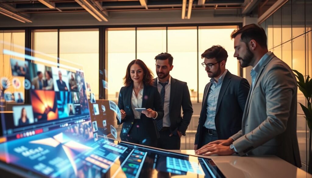 A futuristic workspace showcasing the "Dream Machine" video generation features of Luma AI. In the foreground, a sleek, high-tech interface displays vibrant video clips and animations, with holographic elements swirling around. The middle features a diverse team of three professionals—one woman and two men—focused on the interface, dressed in smart business attire, engaged in a collaborative discussion. The background boasts a modern, minimalistic office with large windows letting in warm, natural light, illuminating the scene. Soft reflections on the glass provide an air of innovation. The mood is energetic and inspiring, emphasizing creativity and collaboration in digital video production. Capture this scene with a wide-angle lens to enhance depth and detail.