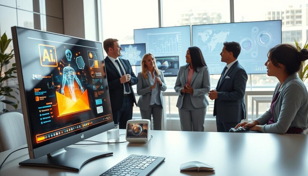 A futuristic workspace showcasing the concept of artificial intelligence in the process of creating a video. In the foreground, a sleek desktop computer displays a vibrant interface with AI-generated video elements, glowing holographic displays, and creative visuals. The middle ground features a diverse group of professionals in smart business attire, engaged and discussing ideas enthusiastically. They'll be surrounded by digital screens showing dynamic charts and abstract designs. The background displays a bright, modern office with large windows letting in natural light, enhancing the welcoming atmosphere. The scene should have a warm, inspiring vibe, showcasing innovation and collaboration in technology. Use a wide-angle lens to capture the entire scene, with natural lighting streaming in to create soft shadows, emphasizing the excitement of creation and teamwork.