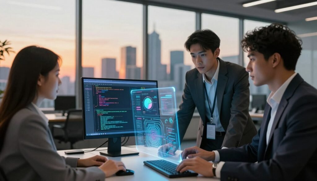 A futuristic workspace showcasing the integration of machine learning technology. In the foreground, a diverse team of three professionals in business attire collaborates over a holographic display of code and data visualizations, their expressions focused and engaged. In the middle, a sleek, modern computer with an illuminated interface displays graphs and AI algorithms, emphasizing the theme of innovation. The background features a vibrant city skyline through large glass windows, bathed in warm sunset lighting that casts an inviting glow over the scene. The atmosphere is dynamic and inspiring, with a sense of collaboration and forward-thinking in the air, perfect for illustrating the strategic essence of starting with Kling AI.