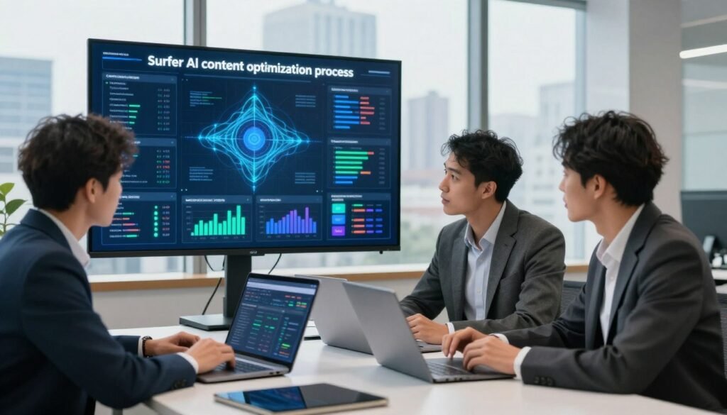 A high-tech digital workspace illustrating the "Surfer AI content optimization process." In the foreground, a diverse group of three professionals, two men and one woman in business attire, intently discussing strategies at a sleek modern table filled with laptops, graphs, and SEO analytics on colorful screens. The middle ground features a futuristic display dashboard showcasing AI-driven data points and charts related to content optimization, glowing with blue and green lights. In the background, a large window reveals a city skyline, with soft natural lighting illuminating the scene, creating a professional yet dynamic atmosphere. The overall mood is focused and innovative, highlighting the advanced technology empowering content strategy and SEO.