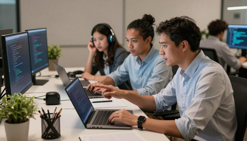 A high-tech workspace featuring a diverse group of three people engaged in collaborative coding with Replit Agent on their laptops. In the foreground, a young woman in business casual attire intently reviews code, while a middle-aged man in a smart shirt assists her, pointing at the screen with a look of focused determination. Beside them, a college student with headphones is brainstorming ideas, visible code snippets projected on a screen behind them. The middle ground includes desks with coding-related items, a potted plant, and tech gadgets. The background highlights a modern office environment with soft, ambient lighting. The overall mood is dynamic and innovative, emphasizing teamwork and shared knowledge in coding projects, with a warm color palette to inspire creativity and collaboration. A high-tech workspace featuring a diverse group of three people engaged in collaborative coding with Replit Agent on their laptops. In the foreground, a young woman in business casual attire intently reviews code, while a middle-aged man in a smart shirt assists her, pointing at the screen with a look of focused determination. Beside them, a college student with headphones is brainstorming ideas, visible code snippets projected on a screen behind them. The middle ground includes desks with coding-related items, a potted plant, and tech gadgets. The background highlights a modern office environment with soft, ambient lighting. The overall mood is dynamic and innovative, emphasizing teamwork and shared knowledge in coding projects, with a warm color palette to inspire creativity and collaboration.