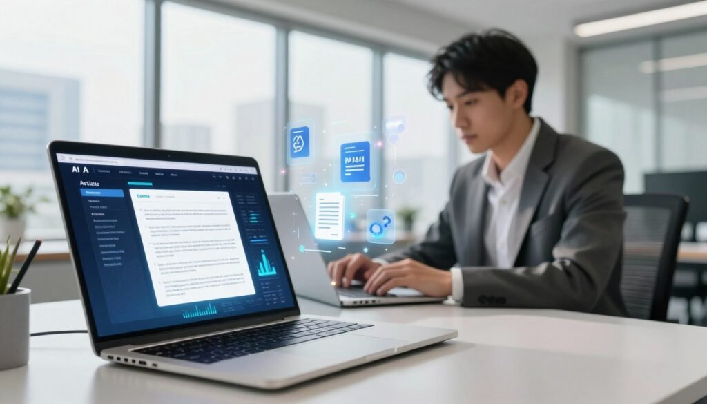 A high-tech workspace featuring an advanced AI article generator interface on a sleek computer screen. In the foreground, showcase a modern laptop with a glowing screen displaying text and digital graphics related to article creation. The middle ground features a professional individual in business attire, intently typing and analyzing data, surrounded by floating digital elements like icons of articles, graphs, and keywords. In the background, a bright, airy office setting with large windows revealing a cityscape, natural light pouring in, with subtle lens flares enhancing the futuristic atmosphere. The mood is focused and innovative, reflecting a blend of technology and creativity, inviting viewers to explore the capabilities of AI-generated content.