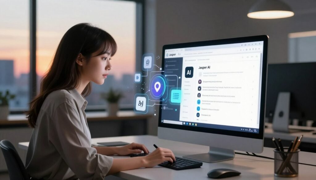 A high-tech workspace with a sleek, modern computer setup showcasing Jasper AI's user interface on the screen, illuminated by soft, ambient lighting. In the foreground, a professional young woman, wearing smart casual attire, is engaged in writing, her expression focused and inspired. The middle of the composition features a dynamic flow of digital elements and icons representing various features of Jasper AI, such as text generation and AI assistance, interacting harmoniously with the workspace. In the background, a window reveals a vibrant cityscape bathed in the warm glow of the sunset, enhancing the atmosphere of innovation and productivity. The scene should evoke a sense of efficiency and creativity, capturing the essence of how Jasper AI works in a contemporary setting, with a depth of field that keeps the focus on the user and the screen. A high-tech workspace with a sleek, modern computer setup showcasing Jasper AI's user interface on the screen, illuminated by soft, ambient lighting. In the foreground, a professional young woman, wearing smart casual attire, is engaged in writing, her expression focused and inspired. The middle of the composition features a dynamic flow of digital elements and icons representing various features of Jasper AI, such as text generation and AI assistance, interacting harmoniously with the workspace. In the background, a window reveals a vibrant cityscape bathed in the warm glow of the sunset, enhancing the atmosphere of innovation and productivity. The scene should evoke a sense of efficiency and creativity, capturing the essence of how Jasper AI works in a contemporary setting, with a depth of field that keeps the focus on the user and the screen.