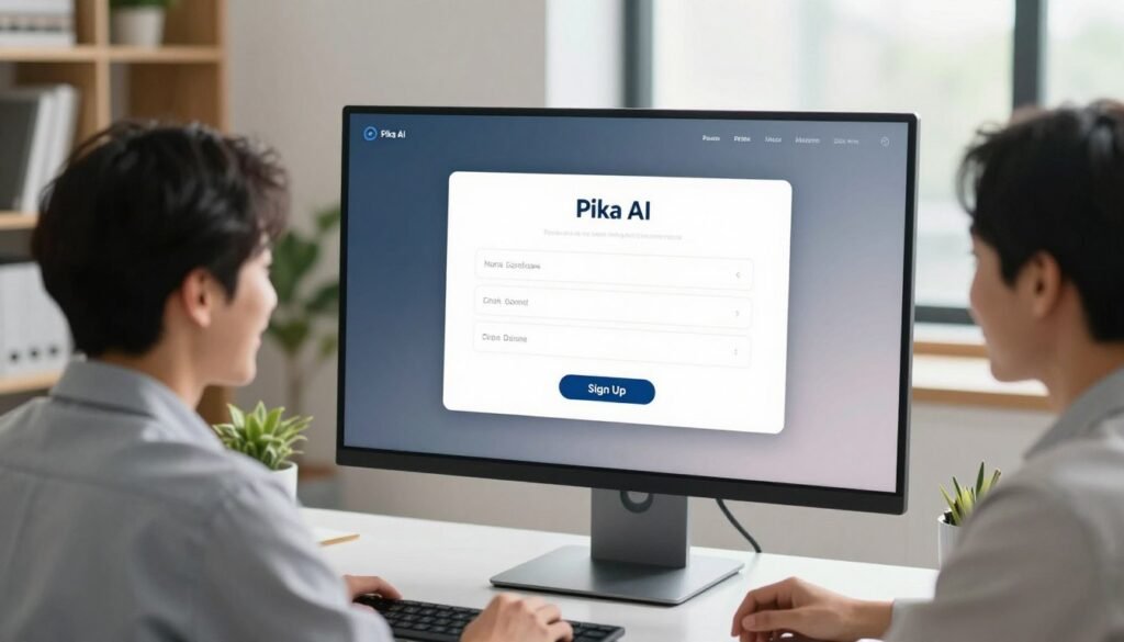 A modern and sleek digital sign-up interface for "Pika AI" displayed on a large, high-resolution computer monitor in a bright, professional office setting. In the foreground, a well-dressed individual, in business casual attire, sits at a contemporary desk, focused on the screen, with a slight smile indicating engagement. The middle layer features a close-up view of the monitor displaying an intuitive online sign-up form, with fields for name, email, and password, along with a prominent "Sign Up" button. The background includes soft-focus elements like a stylish bookshelf and indoor plants, providing a warm and inviting atmosphere. Bright natural lighting streams in through a window, creating a productive and optimistic mood, captured from a high angle to emphasize the sign-up process.