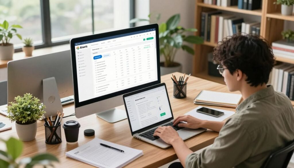 A modern, bright workspace illustrating the concept of content writing with Ahrefs. In the foreground, a focused professional in smart casual attire types on a laptop, surrounded by digital marketing tools and notes. On the middle ground, a large monitor displays Ahrefs' dashboard, highlighting SEO metrics such as keyword rankings and content suggestions. The background features a cozy office with bookshelves filled with marketing literature and plants, filtering natural light through a large window, creating a welcoming atmosphere. The scene is captured with a slight overhead angle to emphasize the workspace's organization and productivity. The mood is energetic and inspiring, representing a space dedicated to effective content creation and optimization. A modern, bright workspace illustrating the concept of content writing with Ahrefs. In the foreground, a focused professional in smart casual attire types on a laptop, surrounded by digital marketing tools and notes. On the middle ground, a large monitor displays Ahrefs' dashboard, highlighting SEO metrics such as keyword rankings and content suggestions. The background features a cozy office with bookshelves filled with marketing literature and plants, filtering natural light through a large window, creating a welcoming atmosphere. The scene is captured with a slight overhead angle to emphasize the workspace's organization and productivity. The mood is energetic and inspiring, representing a space dedicated to effective content creation and optimization.