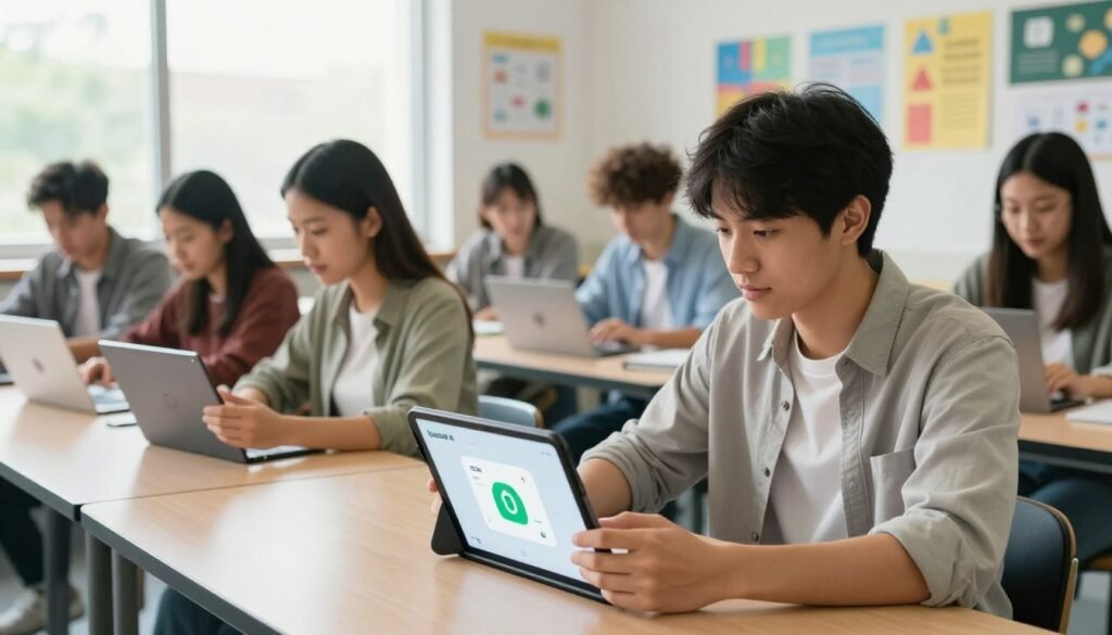 A modern classroom setting as the background, featuring a diverse group of students of various ethnicities engaged with tablets and laptops, showcasing them using Quizlet AI. In the foreground, a student of Asian descent, dressed in smart casual attire, actively interacts with a digital study tool, with a focused expression. The middle ground highlights other students collaborating, with bright screens displaying animated educational graphics. Soft, natural lighting streams through large windows, creating a warm and inviting atmosphere. The room is filled with colorful posters and study materials, enhancing the educational theme. The angle is slightly tilted to capture both the energy of the students and the tech elements in the scene, evoking a sense of innovation and engagement in learning.