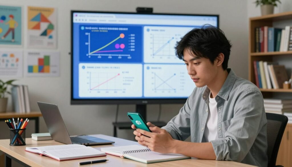 A modern classroom setting featuring a confident, young adult focused on using the Photomath app on their smartphone. In the foreground, the user is seated at a well-organized desk, surrounded by notebooks and mathematical tools, dressed in casual professional attire. In the middle ground, a large digital screen displays a colorful analysis of complex math problems solved using Photomath, with visualized graphs and step-by-step solutions. The background includes educational posters and bookshelves filled with academic materials, creating an inspiring learning atmosphere. Soft lighting illuminates the scene, highlighting the user's concentration and enthusiasm. The angle captures the dynamic interaction between the user and technology, emphasizing the contemporary learning environment in 2026.