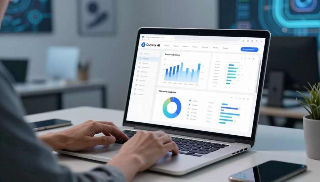 A modern computer desk setting, featuring a sleek laptop displaying a user-friendly interface of Cursor AI, with visible keyboard prediction features actively working in real-time. In the foreground, a user’s hands are engaged in typing, showcasing a professional individual wearing smart casual attire. The middle ground includes vibrant graphs and a dashboard with analytics related to recent updates in AI technology, lit with soft blue and white ambient lighting, suggesting innovation and clarity. The background is an office environment with abstract tech-themed artwork on the walls, reflecting a progressive and futuristic atmosphere. The scene captures a sense of efficiency and advanced technology, emphasizing productivity and user-friendly design. A modern computer desk setting, featuring a sleek laptop displaying a user-friendly interface of Cursor AI, with visible keyboard prediction features actively working in real-time. In the foreground, a user’s hands are engaged in typing, showcasing a professional individual wearing smart casual attire. The middle ground includes vibrant graphs and a dashboard with analytics related to recent updates in AI technology, lit with soft blue and white ambient lighting, suggesting innovation and clarity. The background is an office environment with abstract tech-themed artwork on the walls, reflecting a progressive and futuristic atmosphere. The scene captures a sense of efficiency and advanced technology, emphasizing productivity and user-friendly design.